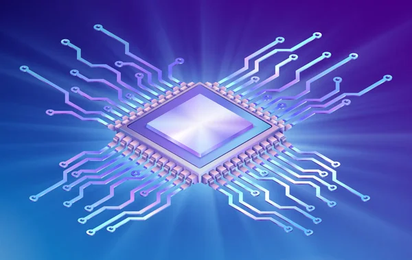 Illustration Mikroprocessor Isometrisk Kretskort Färgstarka Bakgrund Med Ljus Eps Innehåller — Stock vektor