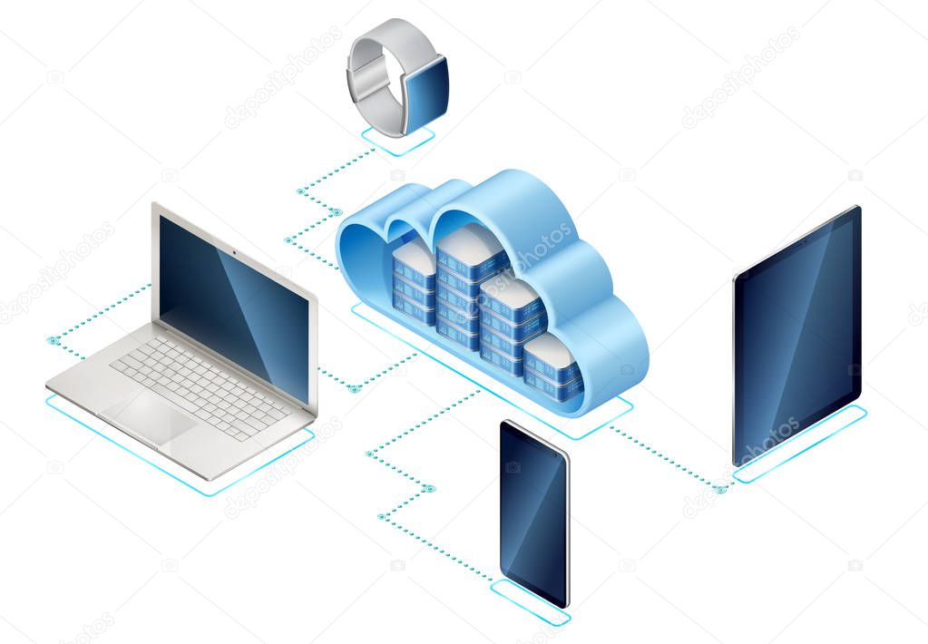 Isometric illustration of data network management. Networking server or in cloud and portable devices: laptop, mobile phone and tablet computer, connected with internet. Contains transparency.