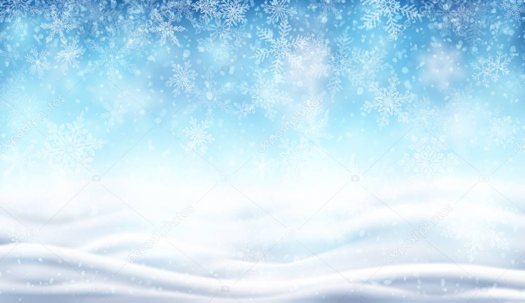 Illustration of snowfall, background for christmas and new year greeting cards, and invitations, and winter holiday season. EPS 10 contains transparency.