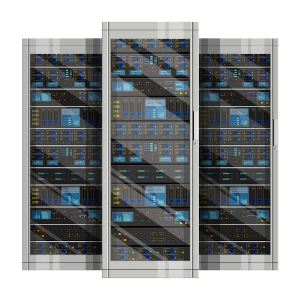 Drei Serverschränke Mit Ausrüstung Rechenzentrum Auf Weißem Hintergrund Darstellung Des — Stockvektor