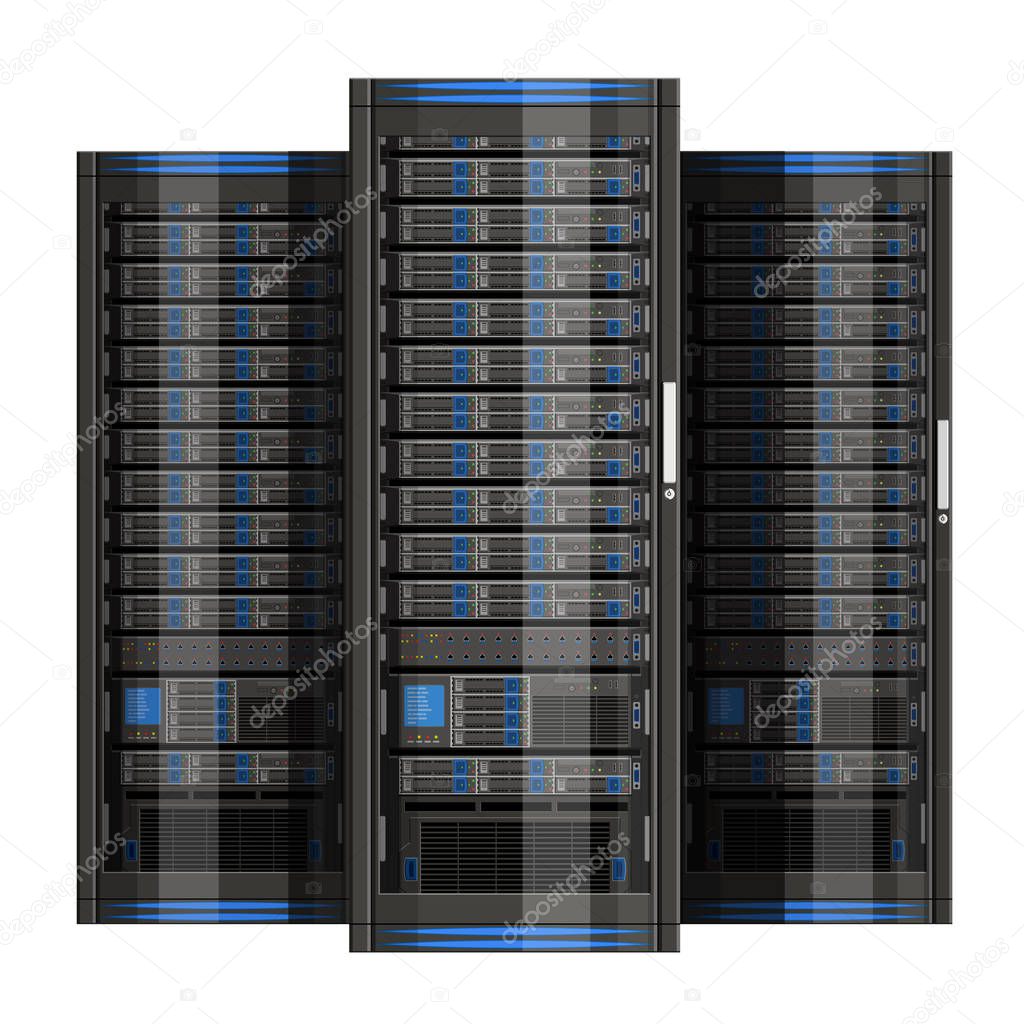 Three server racks with equipment, data center on white background ,illustration of network server, flat design. EPS 10 contains transparency