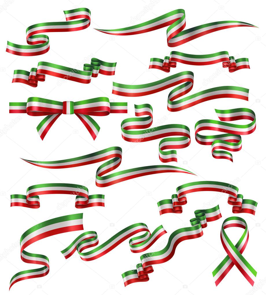 Set of Italian or Mexican flag ribbons, vector collection of decorative elements and banners, decoration for Italian or Mexican holidays. EPS 10 contains transparency.