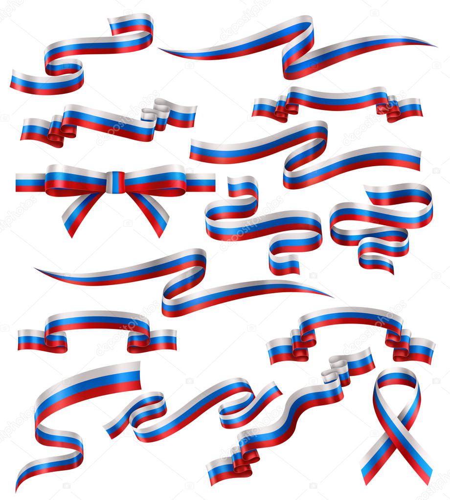 Set of Russian flag ribbons, vector collection of decorative elements and banners, decoration for Russian holidays . EPS 10 contains transparency.