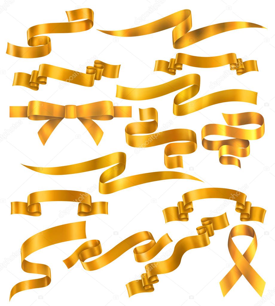 Set of yellow or golden ribbons, vector collection of banners, EPS 10 contains transparency