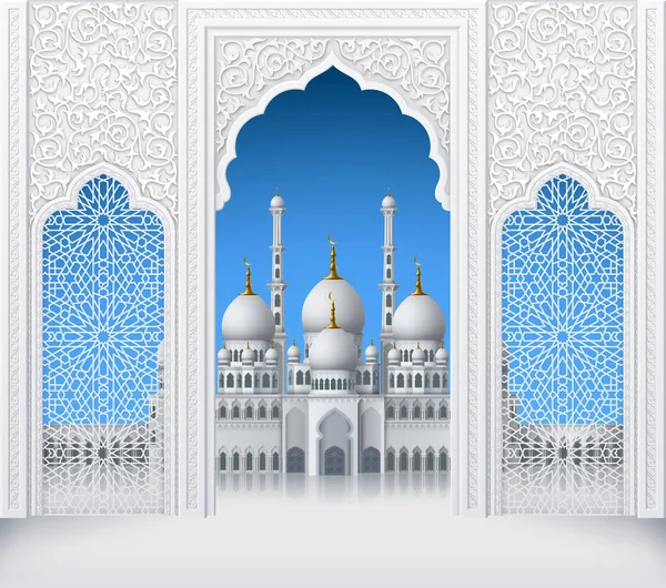 Illustration Porte Fenêtre Mosquée Motif Géométrique Fond Pour Cartes Vœux — Image vectorielle