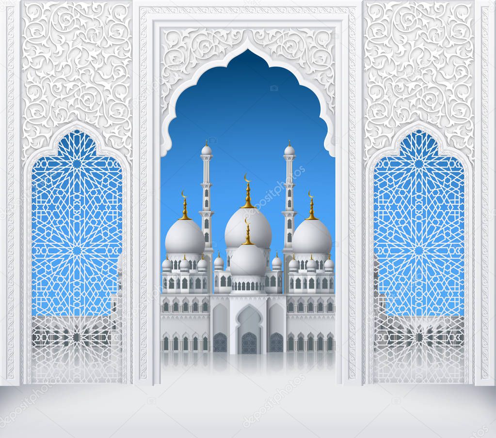 Illustration of door or window of mosque, geometric pattern, background for ramadan kareem greeting cards, EPS 10 contains transparency.
