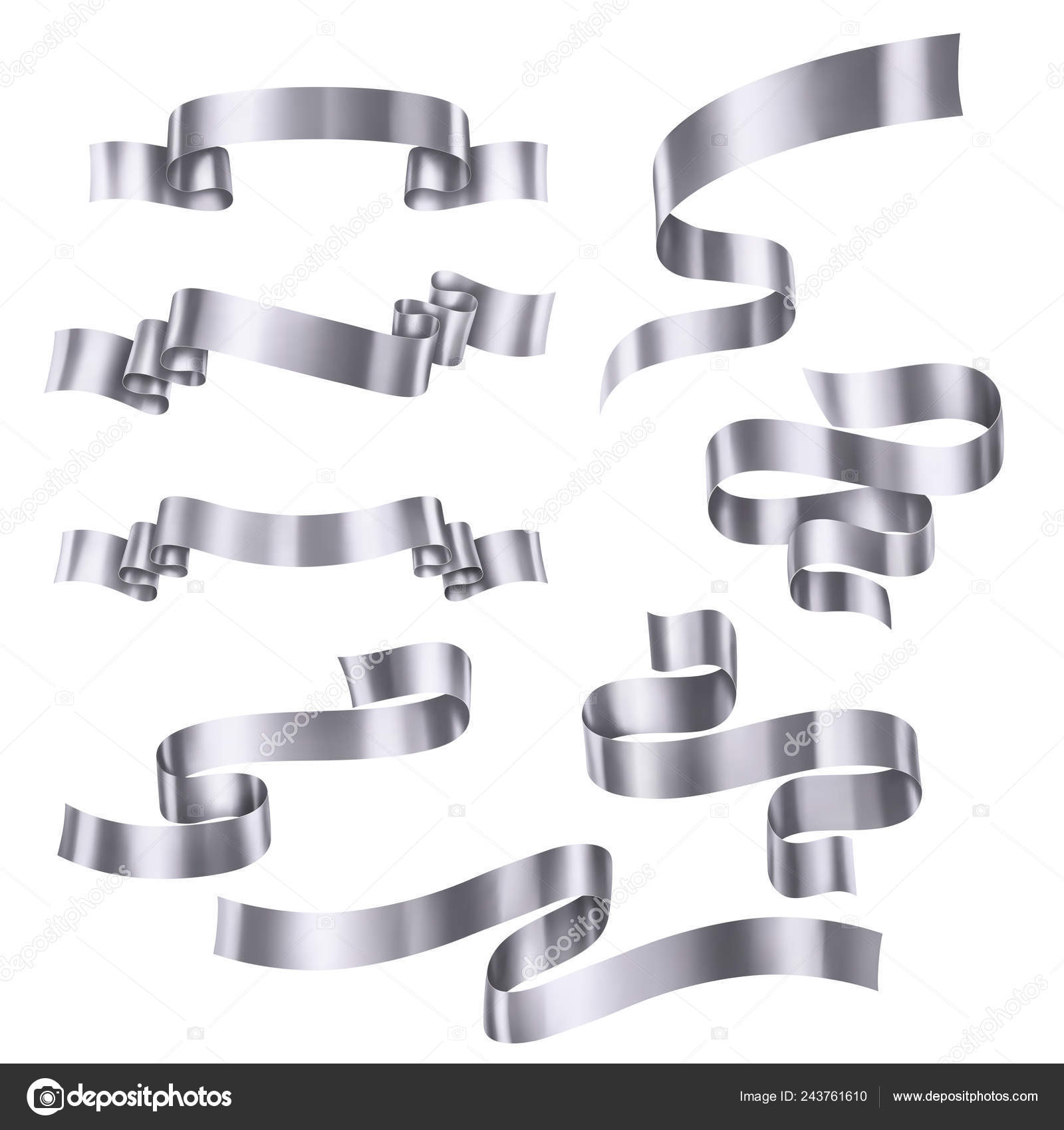 Set Silver Metallic Ribbons Vector Collection Banners Eps Contains