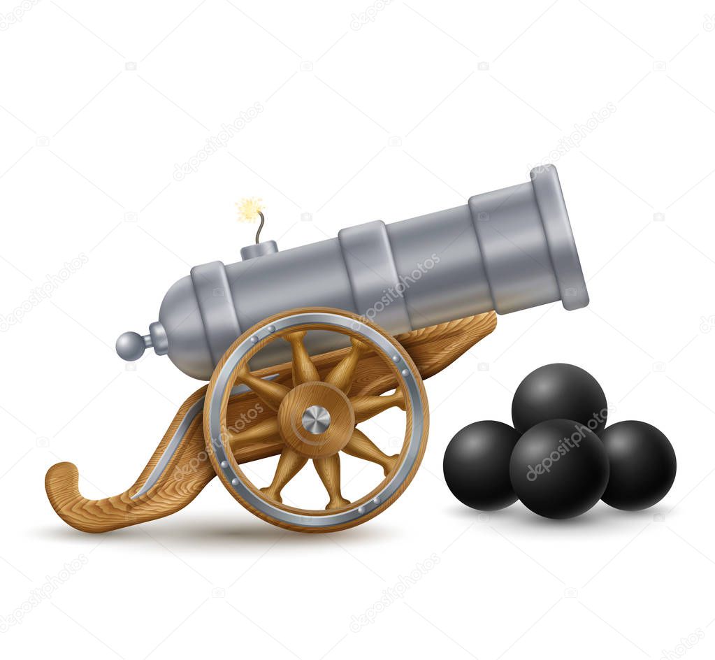 Cartoon illustration of big cannon with cannonballs, weapon icon, EPS 10 contains transparency.