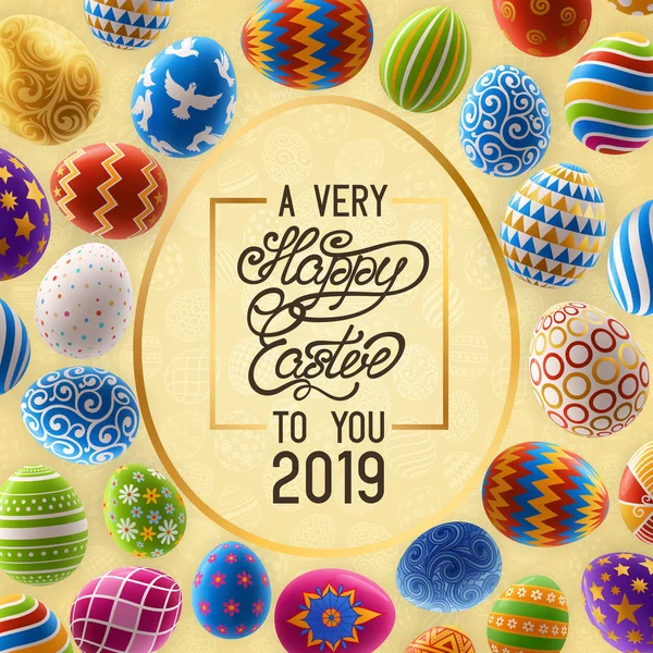 Fondo de Pascua con Saludo y Huevos Pintados — Vector de stock