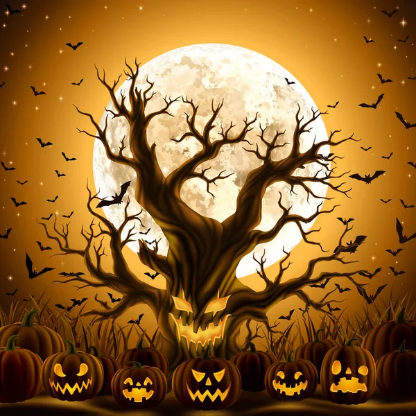 Spooky arbre du mal avec Jack-O-Lanternes — Image vectorielle