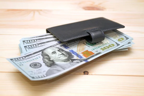 Heap Money Wallet Wooden Table Money Concept — Stock Photo, Image