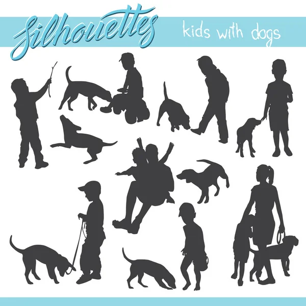 Silhouettes Enfants Famille Avec Des Chiens Illustration Vectorielle — Image vectorielle