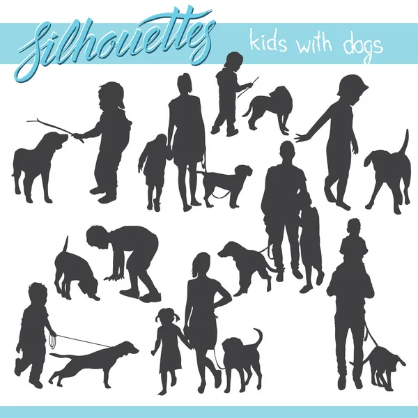 儿童和家庭的剪影与狗 矢量插图 — 图库矢量图片