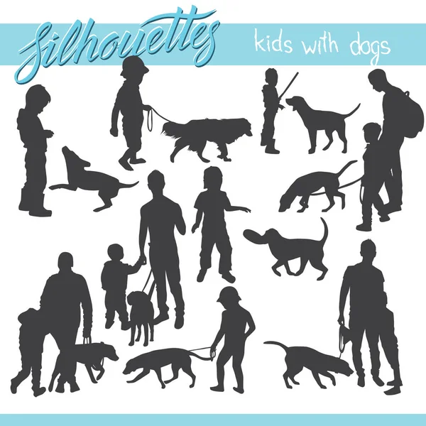 Silhouettes Enfants Famille Avec Des Chiens Illustration Vectorielle — Image vectorielle