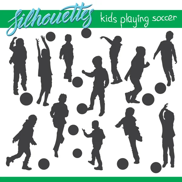 Vektor Siluety Děti Hrají Fotbal Fotbal — Stockový vektor