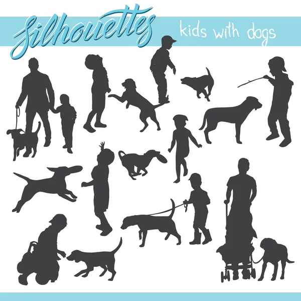 Silhouettes Kids Family Dogs Vector Illustration — Stock Vector
