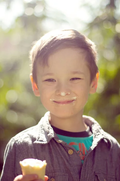 Funny Boy Venku Jíst Zmrzlinu — Stock fotografie