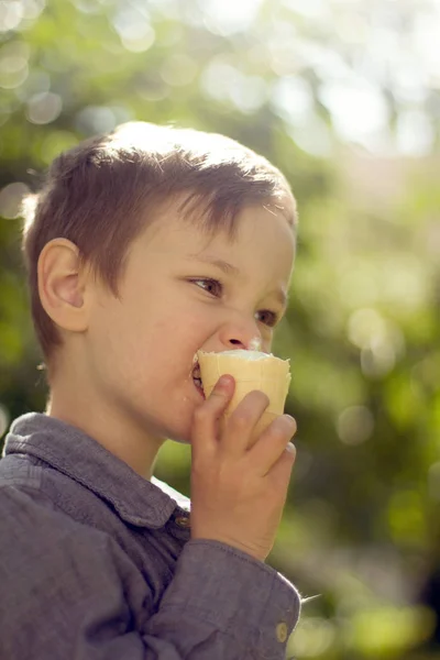 Αστείος Αγόρι Τρώει Παγωτό Εξωτερικούς Χώρους — Φωτογραφία Αρχείου