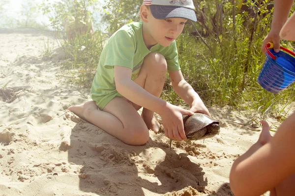 Happy Boy Holding Turtle Hands Beach — Stock Photo, Image
