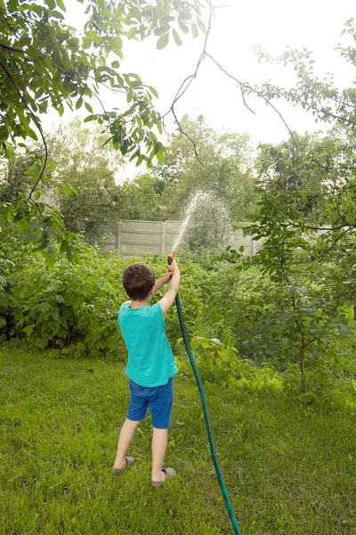 Chico Jugando Con Aspersor Jardín Niño Verter Plantas Con Manguera —  Fotos de Stock