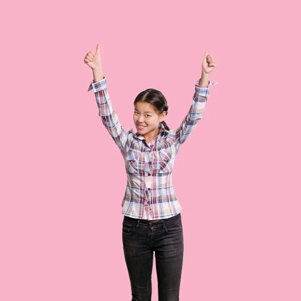 Winning Concept Asian Girl Shows Well Done Both Hands — Stock Photo, Image