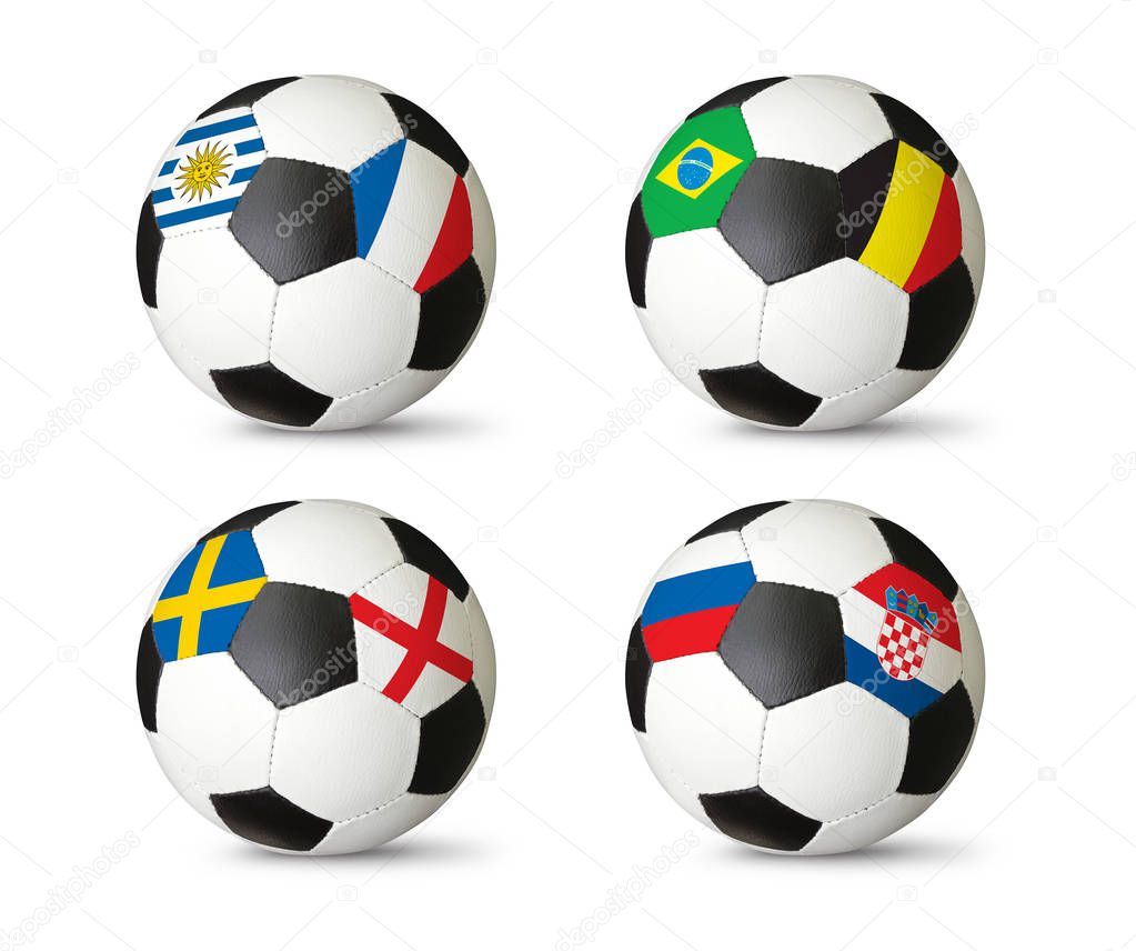 Quarter-finals 2018 FIFA world cup. Football soccer balls with flags of countries playing in the Quarter-finals Brazil, France, Belgium, Croatia, England, Sweden, Uruguay, Russia