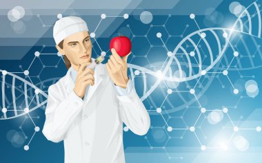 Bilim adamı kadın vektör GDO enjeksiyon yapıyor. Doktor çizimi bir elma için GDO değişiklik yapar