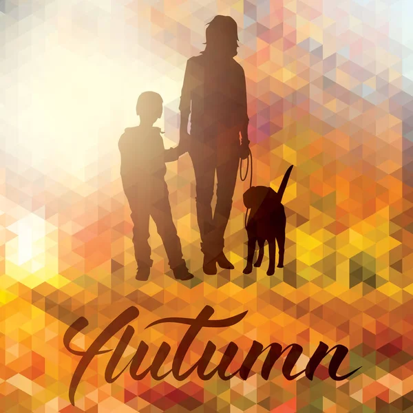 向量幸福的家庭和宠物狗秋季肖像 孩子父母的例证 — 图库矢量图片