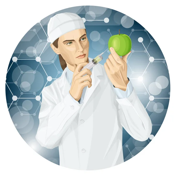 媒介科学家妇女做转基因注射 医生对苹果转基因改造的例证 — 图库矢量图片