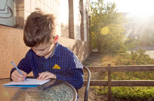 Gosse Qui Fait Truc Garçon Faisant Ses Devoirs Extérieur Garçon — Photo