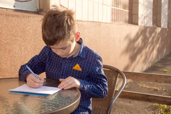 Gosse Qui Fait Truc Garçon Faisant Ses Devoirs Extérieur Garçon — Photo