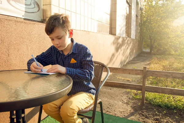 Gosse Qui Fait Truc Garçon Faisant Ses Devoirs Extérieur Garçon — Photo