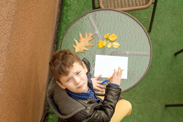 Çocuk Bir Şey Yazıyor Çocuk Açık Havada Ödev Yapıyor Çocuk — Stok fotoğraf