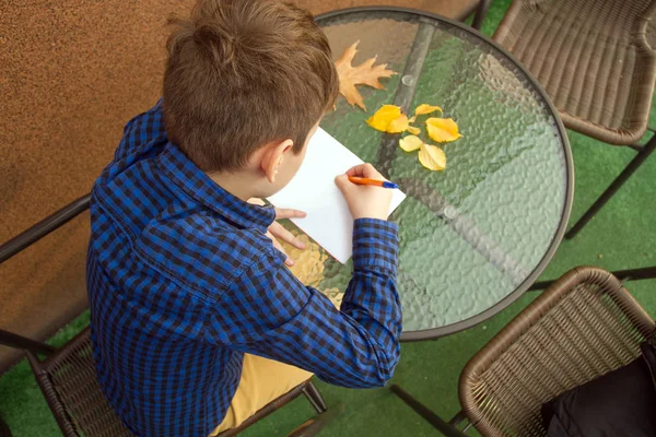 男孩在写东西 男孩在户外做作业 男孩在纸上画画或写信 — 图库照片