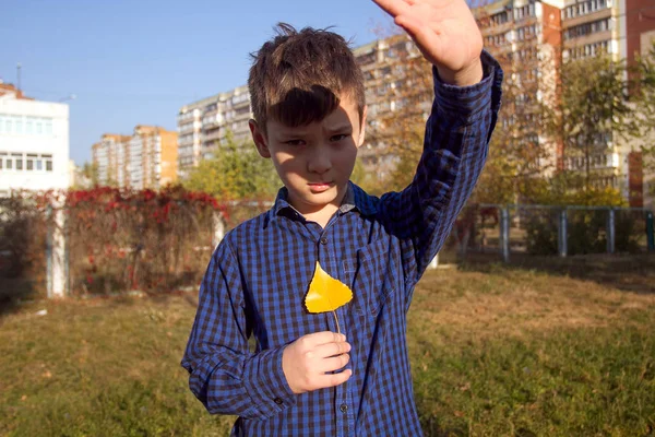 Ragazzo Nel Parco Autunnale Con Foglia Gialla — Foto Stock