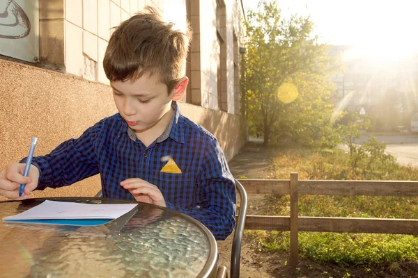 Gosse Qui Fait Truc Garçon Faisant Ses Devoirs Extérieur Garçon — Photo