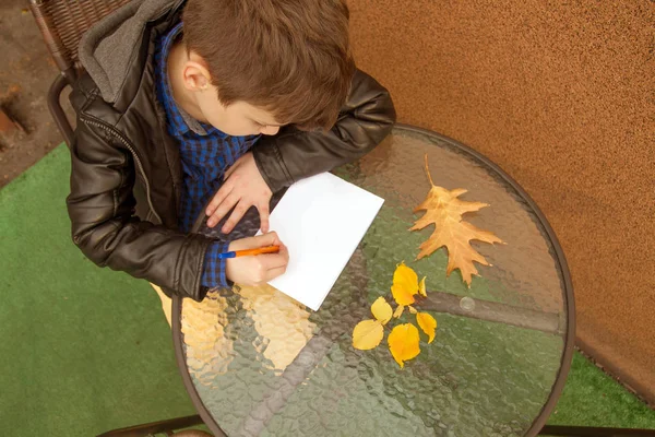 Ragazzo Sta Scrivendo Qualcosa Ragazzo Sta Facendo Compiti All Aperto — Foto Stock