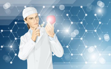 Bilim adamı kadın vektör GDO enjeksiyon yapıyor. Doktor çizimi bir elma için GDO değişiklik yapar