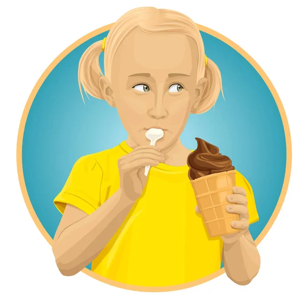 Διάνυσμα Κορίτσι Αστείο Παιδί Τρώει Παγωτό Παγωτό Απομονωμένο Μικρό Χαριτωμένο — Διανυσματικό Αρχείο