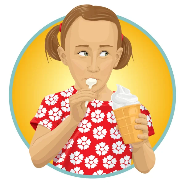 Vector Niña Divertida Comiendo Helado Niña Linda Con Helado Aislado — Vector de stock