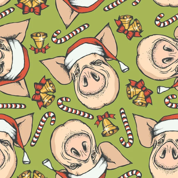 猪圣诞节向量例证无缝的样式 猪年的概念 猪头与圣诞节响铃 — 图库矢量图片