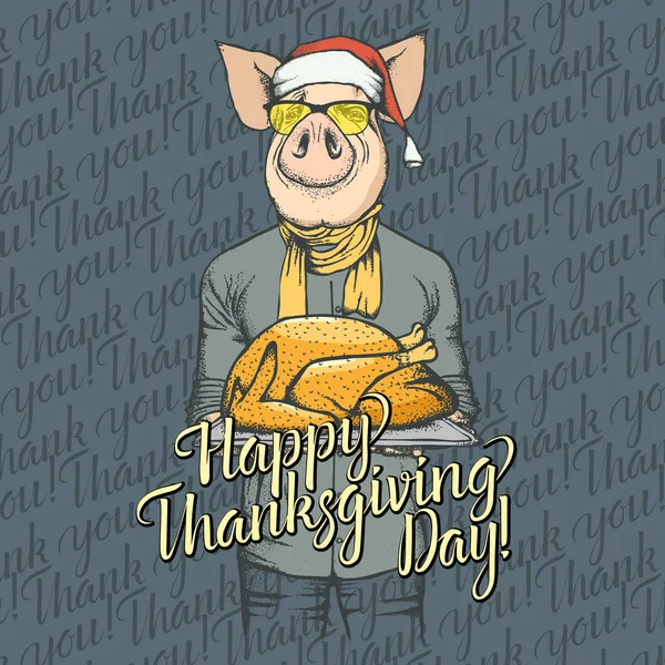 向量例证感恩节猪概念 猪与节日火鸡和字母感恩节快乐 — 图库矢量图片