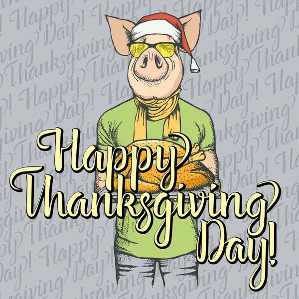 Illustrazione Vettoriale Del Concetto Maiale Happy Thanksgiving Day Maiale Con — Vettoriale Stock