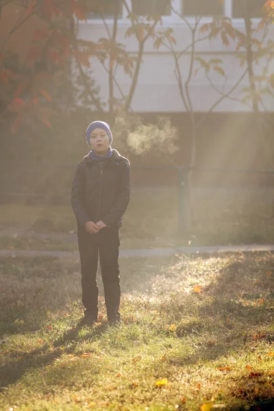 Chlapec Mrazivé Ráno Parku Seasonall Počasí Chlapec Pára Úst — Stock fotografie