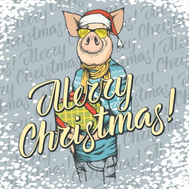 Domuz Noel ve yeni yıl vektör kavramı. Domuz insan takım elbise kutlayarak Illustration. Mutlu Noeller yazı