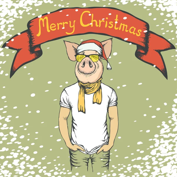 豚クリスマスと新しい年のベクトル概念 人間スーツを祝うにブタのイラストです メリー クリスマスをレタリング — ストックベクタ