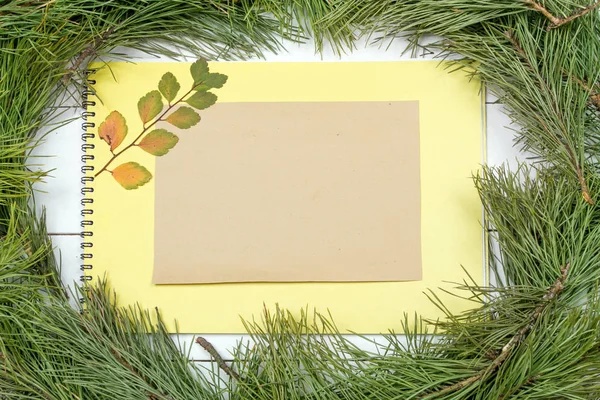 크리스마스 인사말 전나무 판자에 편지와 배경에 크리스마스 전나무 나무입니다 — 스톡 사진
