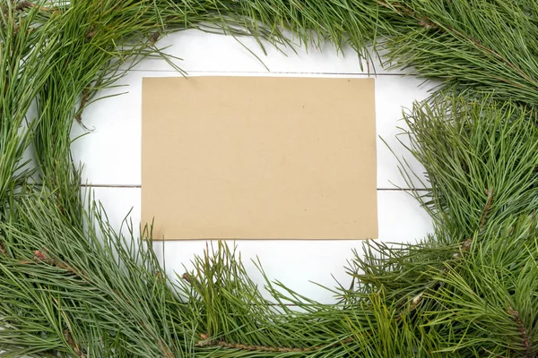 Christmas Greeting Card Fir Branch Decoration Plank Christmas Fir Tree — Stock Photo, Image