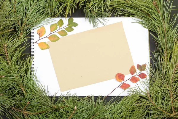 クリスマス カード モミ枝と装飾を板に挨拶します 文字で木製の背景にクリスマスのモミの木 コピー スペース — ストック写真