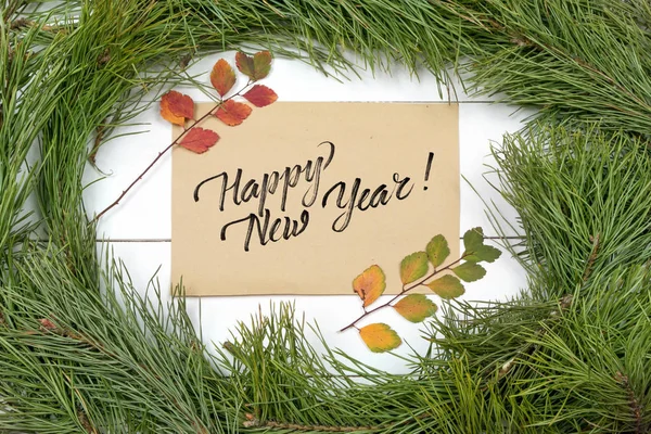 Tarjeta Felicitación Año Nuevo Rama Abeto Decoración Plancha Árbol Abeto —  Fotos de Stock